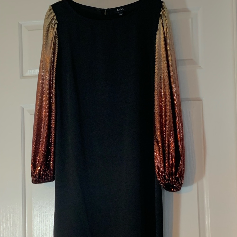 MSK black midi dress with sequins sleeves in balayage burnt orange gold to gold